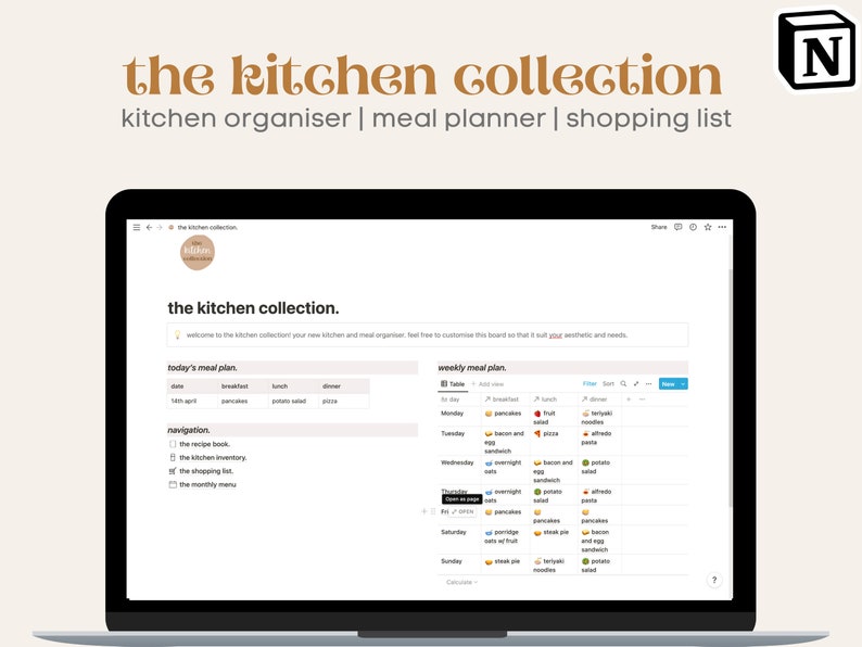 May include: A screenshot of a website called "the kitchen collection" which is a kitchen organiser, meal planner, and shopping list. The website is open on a laptop computer. The website has a light grey background with a white navigation bar at the top. The website has a section called "today's meal plan" and a section called "weekly meal plan".