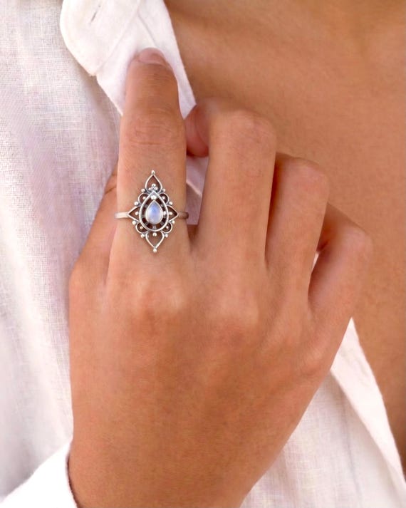 Ring Mondstein 925 Sterling Silber / Mandala Ring / Lotus Blumen Ring / Meditation Ring mit natürlichem Edelstein / mit Geschenkbox