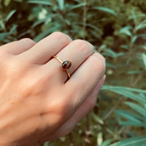 Pu&ograve; includere: Un anello d'oro con una pietra ovale marrone. L'anello &egrave; indossato su un dito, con uno sfondo verde sfocato di fogliame. La sottile fascia dell'anello mette in risalto il colore e la forma della pietra.