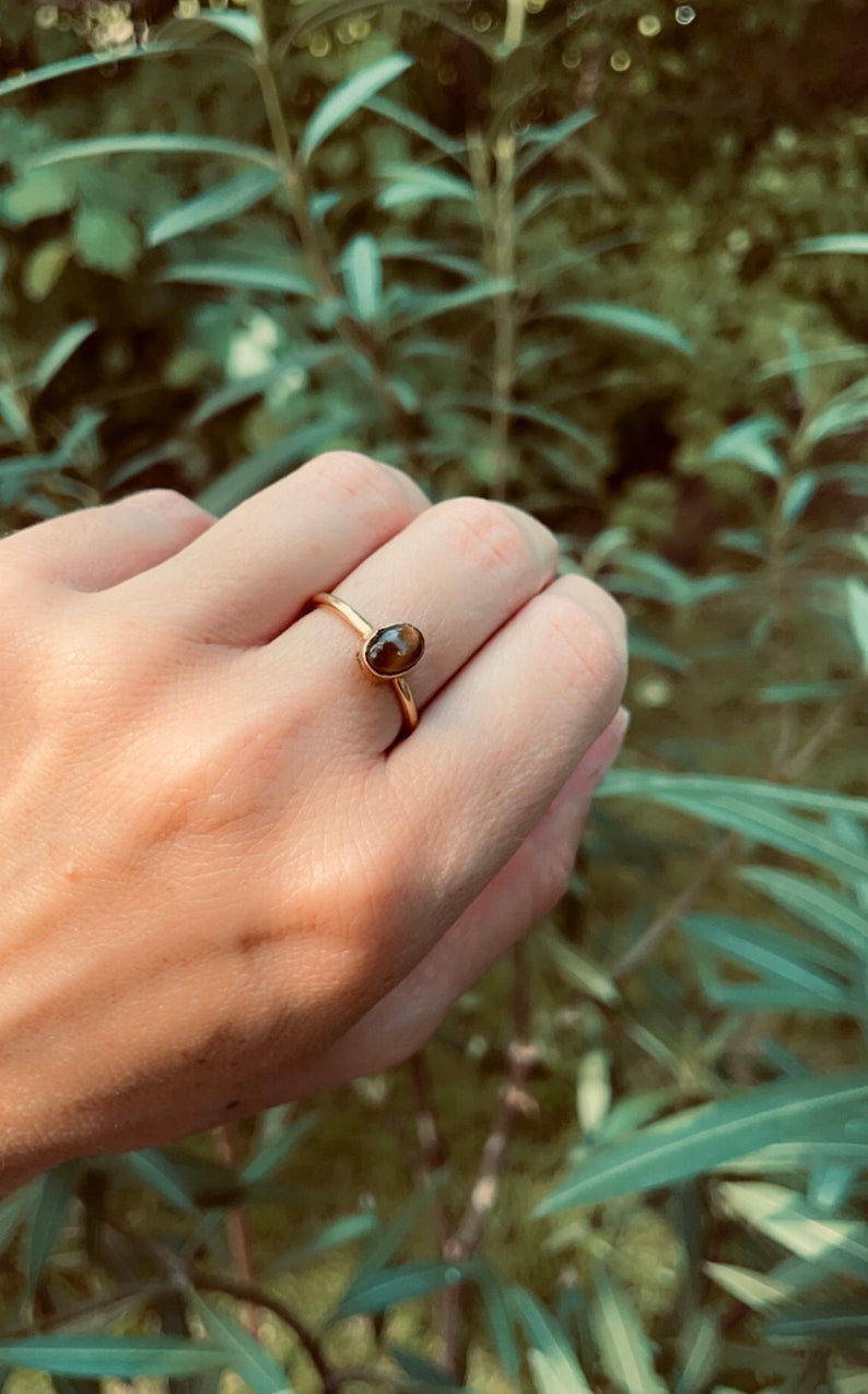 Pu&ograve; includere: Un anello d'oro con una pietra ovale marrone. L'anello &egrave; indossato su un dito, con uno sfondo verde sfocato di fogliame. La sottile fascia dell'anello mette in risalto il colore e la forma della pietra.