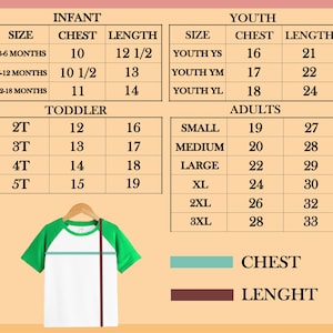 May include: Size chart for infant, toddler, youth, and adult t-shirts. The chart shows chest and length measurements in inches for each size.