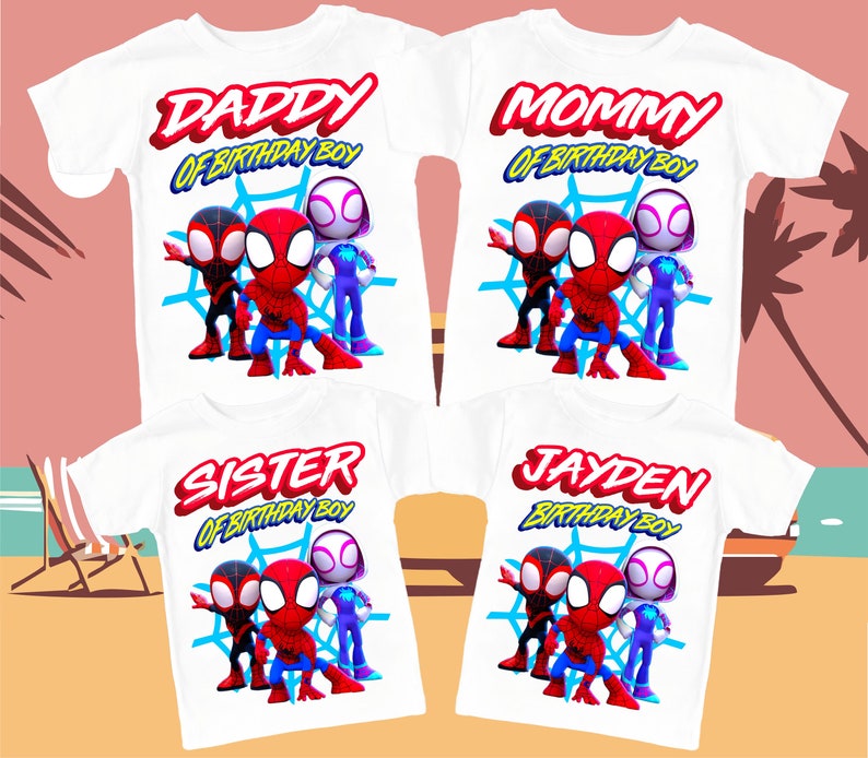 May include: Four white t-shirts with a Spider-Man theme. The shirts feature a graphic of Spider-Man, Miles Morales, and Gwen Stacy. The text on the shirts reads "Daddy of Birthday Boy", "Mommy of Birthday Boy", "Sister of Birthday Boy", and "Jayden Birthday Boy".