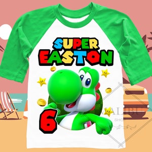 Family Personalized Shirt Birthday Custom Tshirt Yoshi Unisex Kids Birthday Girl Birthday Boy Raglan Tee GREEN 3/4 SLEEVE