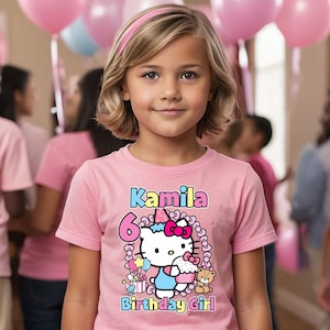 Personalized Girls Hello Cat, Family T Shirt, Custom Birthday Tshirt Unisex Kids Matching Family Shirts.