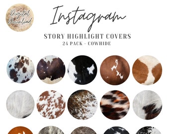 24 Cowhide Instagram Highlight Covers. Instagram Story Highlight Cover Icons. Western Boho Rustic Instagram Covers.