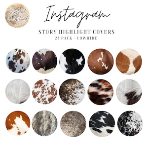 24 Cowhide Instagram Highlight Covers. Instagram Story Highlight Cover Icons. Western Boho Rustic Instagram Covers.