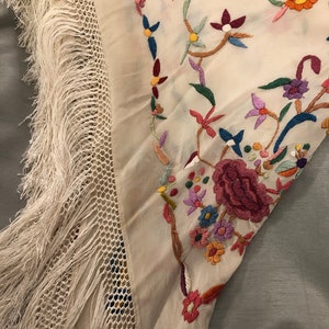 Sweet colourful embroidered cream silk shawl wrap