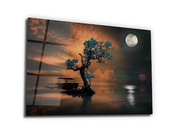 May include: A digital art print of a lone tree with a boat in the water, set against a dramatic sunset sky with a full moon in the background.