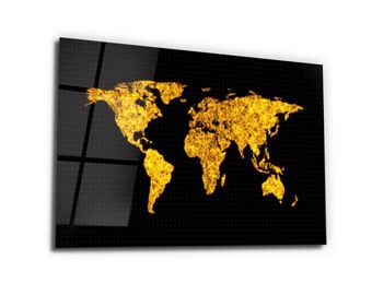 Wereldkaart - Gold Black Map Glass Wall Art -Housewarming Gift - Interieur Design - Home & Office Decoration- Wall Hanging