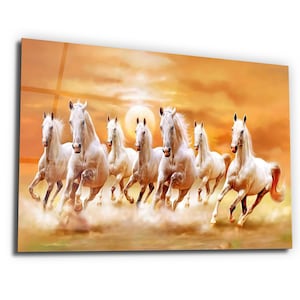 White Stallions - Lucky 7 running horses Vastu - Glass Wall Art -Housewarming Gift - Interior Design Ideas - Home & Office Decoration