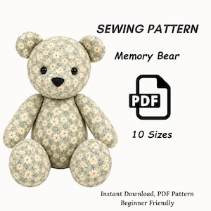 Naaipatroon voor een herinneringsbeer (PDF), teddybeerpatroon, aandenkenbeer, patchwork knuffel, 10 maten, konijnen- en kattenoortjes