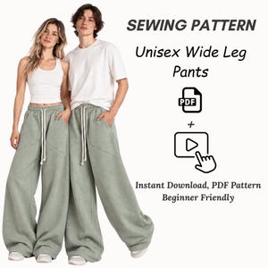 May include: A sewing pattern for unisex wide leg pants, featuring a PDF icon and a video tutorial icon. The text reads SEWING PATTERN, Unisex Wide Leg Pants, and Instant Download, PDF Pattern Beginner Friendly. The pants are sage green.