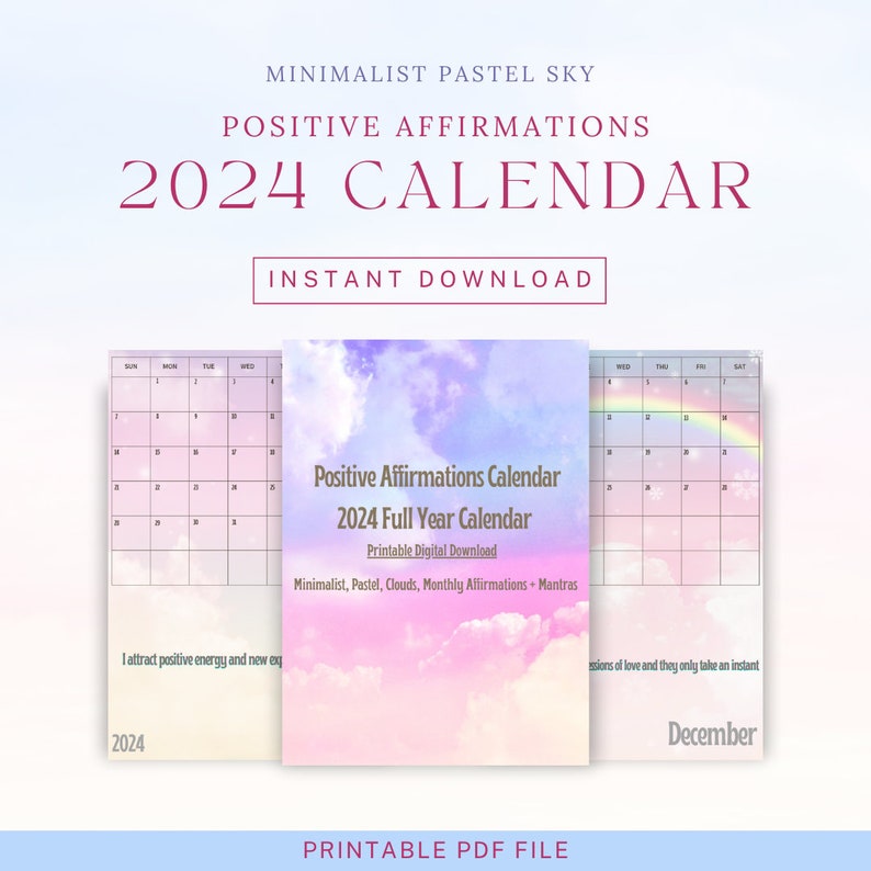 Printable Yearly Calendar 2024 Affirmation Calendar Etsy