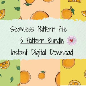 Könnte beinhalten: Eine digitale Grafik mit drei vertikalen Feldern mit Orangenmustern in Hellgrün, Pfirsich und Gelb. Der Text lautet: Seamless Pattern File, 3 Pattern Bundle, Instant Digital Download. Ein kleines kreisförmiges Logo mit einem Herz ist zu sehen.