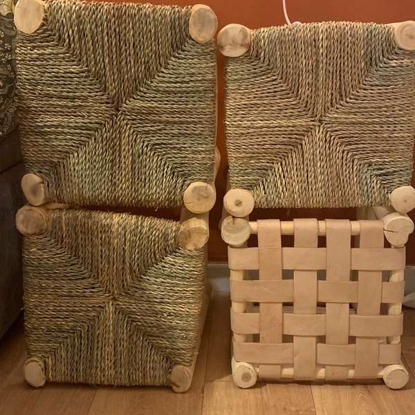 Tabouret en bois et paille marocain  cuir chaise