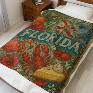 Florida-Inspired Velveteen Plush Blanket, Cozy Home Decor, Soft Throw for Beach Lovers, Tropical Gift for All Occasions, Florida Room Decor