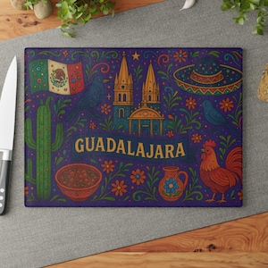 Vibrant Guadalajara Glass Cutting Board | Colorful Kitchen Decor | Perfect Gift for Foodies, Celebrations, Mexico Guadalajara Culture Decor