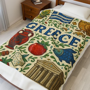 Greece-Themed Velveteen Plush Blanket | Cozy Decor, Travel Gift, Home Comfort, Greek Culture, Warm Throws, Greece Culture Decor
