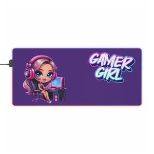 Gamer Girl LED Gaming Mouse Pad, Neon RGB Desk Accessory, Computer Gaming Setup, Perfect for Game Lovers, Purple Desk Mat, Decorative Mat