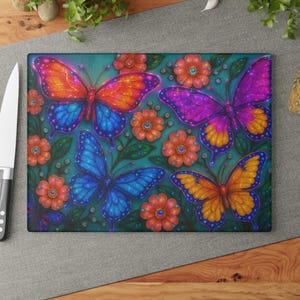 Colorful Floral Butterfly Glass Cutting Board | Kitchen Decor, Cooking Gift, Stained Glass Decor, Home & Garden Decor, Butterfly Lover Gift