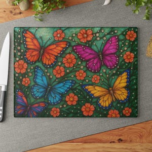 Butterfly Glass Cutting Board | Colorful Kitchen Decor, Unique Serving Platter, Floral Kitchen, Stained Glass Flower Butterfly Design