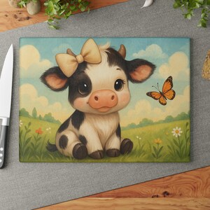 Jolie planche à découper en verre vache, décoration de cuisine de ferme, cadeau pour les cuisiniers, plateau de service unique, plateau de service déco cuisine bébé vache