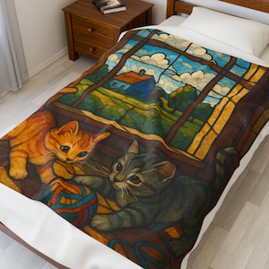 Couverture confortable en peluche en velours sur le thème des chats, parfaite pour les amoureux des chats, décoration d'intérieur, cadeau pour les propriétaires d'animaux de compagnie, nuits douillettes, décoration de vitraux