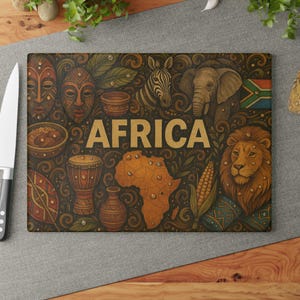 African-Themed Glass Cutting Board, Unique Kitchen Decor, Gift for Food Lovers, Charcuterie Board, African Culture Kitchen Decor