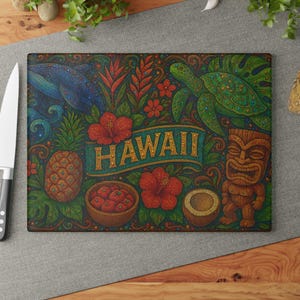 Hawaiian Glass Cutting Board, Tropical Kitchen Decor, Unique Gift for Culinary Enthusiasts, Hawaii Culture Kitchen Decor
