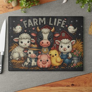 Farm Life Glass Cutting Board, Rustic Kitchen Decor, Gift for Farmers, Animal Lover Kitchenware, Cute Fancy Farm Animal Decor