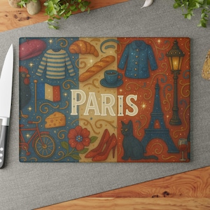 Paris-themed Glass Cutting Board, Kitchen Decor, Gift for Food Lovers, Housewarming Gift, Culinary Art, Paris France Culture Kitchen Decor