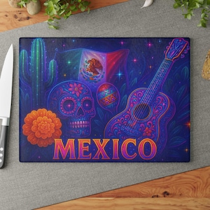 Vibrant Mexico Glass Cutting Board, Colorful Kitchen Decor, Unique Gift for Chefs, Day of the Dead, Mexican Culture Kitchen Decor
