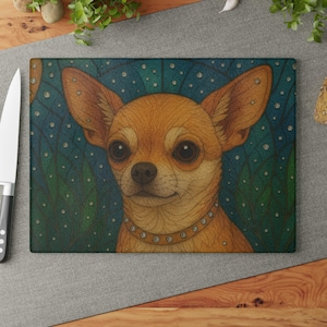 Tabla de cortar de vidrio con diseño de chihuahua vibrante. Regalo para amantes de las mascotas, decoración de cocina única, regalo para amantes de los animales, mamá amante de los chihuahuas.
