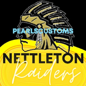 May include: A yellow and black logo with the text "PEARLSCUSTOMS" and "NETTLETON Raiders" in black. The logo features a stylized Native American headdress.