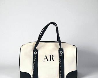 Personalised Canvas Chain Initial Bag Duffel Bag Gifts For Her Gym bag Shoulder Bag Beach Bag Hand Luggage Gifts For Mum Tote Birthday Gift