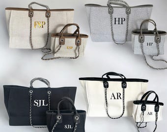Personalised Canvas Chain Initial Bag Bundle Work Bag Gifts For Her Handbag Shoulder Bag Beach Bag Hand Luggage Gifts For Mum Tote Birthday