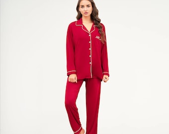 Personalised Red Bamboo Pyjamas Long Sleeve Set, Bridesmaid Pyjamas, Bridal Party, Sleepover pyjamas Bachelorette Party, Matching Pajama