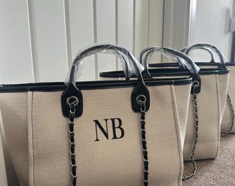 Personalised Canvas Chain Initial Bag Work Bag |Gifts For Her | Handbag Shoulder Bag Beach Bag Hand Luggage Gifts For Mum Tote Birthday Gift