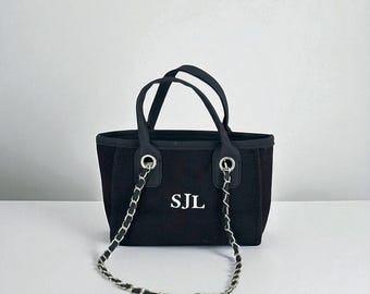 Personalised Canvas Chain Initial Bag Small Bag Gifts For Her | Handbag Shoulder Bag Mini Bag Hand Luggage Gifts For Mum Tote Birthday Gift