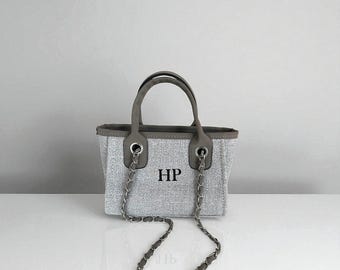 Personalised Canvas Chain Initial Bag Small Bag Gifts For Her | Handbag Shoulder Bag Mini Bag Hand Luggage Gifts For Mum Tote Birthday Gift