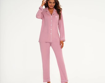 Personalised Pink Bamboo Pyjamas Long Sleeve Set, Bridesmaid Pyjamas, Bridal Party, Sleepover pyjamas Bachelorette Party, Matching Pajama