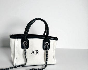 Personalised Canvas Chain Initial Bag Small Bag Gifts For Her | Handbag Shoulder Bag Mini Bag Hand Luggage Gifts For Mum Tote Birthday Gift