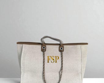 Personalised Tote Bag Large Canvas Chain Initial Bag Work Bag |Gifts For Her | Handbag Shoulder Bag Beach Bag Hand Luggage Birthday Gift