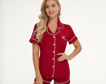 Personalised Red Bamboo Pyjamas Short Set, Bridesmaid Pyjamas, Bridal Party, Sleepover pyjamas Bachelorette Party, Matching Pajama