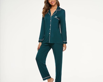 Personalised Emerald Bamboo Pyjamas Long Sleeve Set, Bridesmaid Pyjamas, Bridal Party, Sleepover pyjamas Bachelorette Party, Matching Pajama
