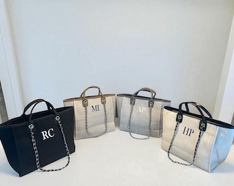 Personalised Canvas Chain Initial Bag Work Bag Gifts For Her Handbag Shoulder Bag Beach Bag Hand Luggage Gifts For Mum School Bag Birthday