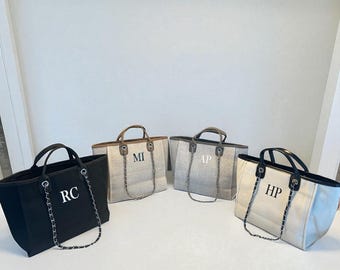 Personalised Canvas Chain Initial Bag Work Bag |Gifts For Her | Handbag Shoulder Bag Beach Bag Hand Luggage Gifts For Mum Tote Birthday Gift