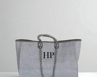 Personalised Tote Bag Large Canvas Chain Initial Bag Work Bag |Gifts For Her | Handbag Shoulder Bag Beach Bag Hand Luggage Birthday Gift