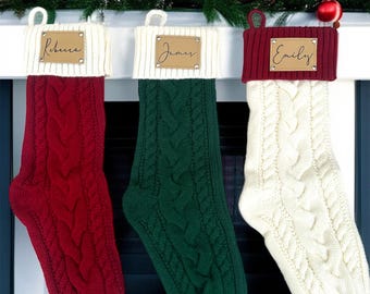 Personalised Christmas Stockings, Leather Patch Xmas Stockings with Name , Knit Stockings, Family Stocking Set, Christmas Decorations