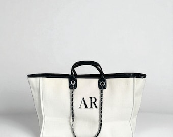 Personalised Tote Bag Large Canvas Chain Initial Bag Work Bag |Gifts For Her | Handbag Shoulder Bag Beach Bag Hand Luggage Birthday Gift